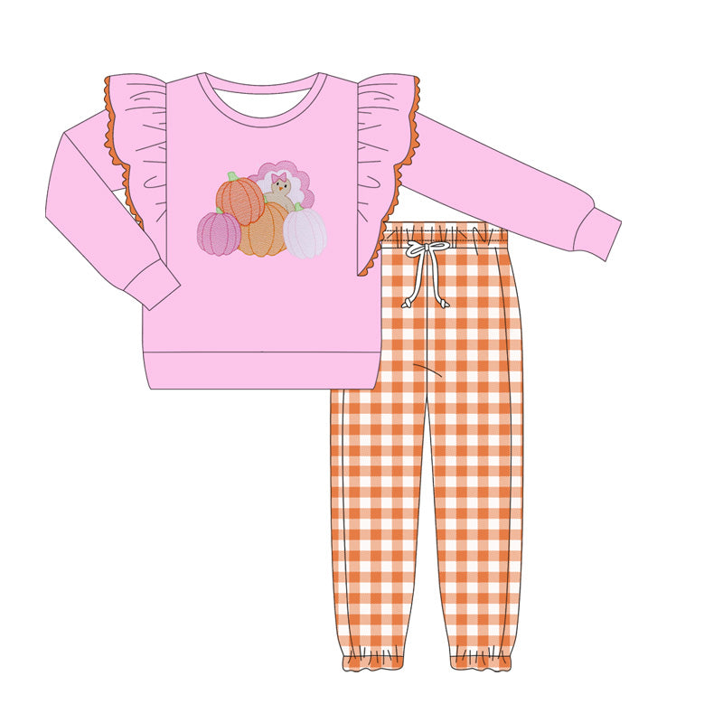 GLP2442 Baby Girls Pink Long Sleeves Turkey Pumpkins Top Orange Plaid Pant Set D 903