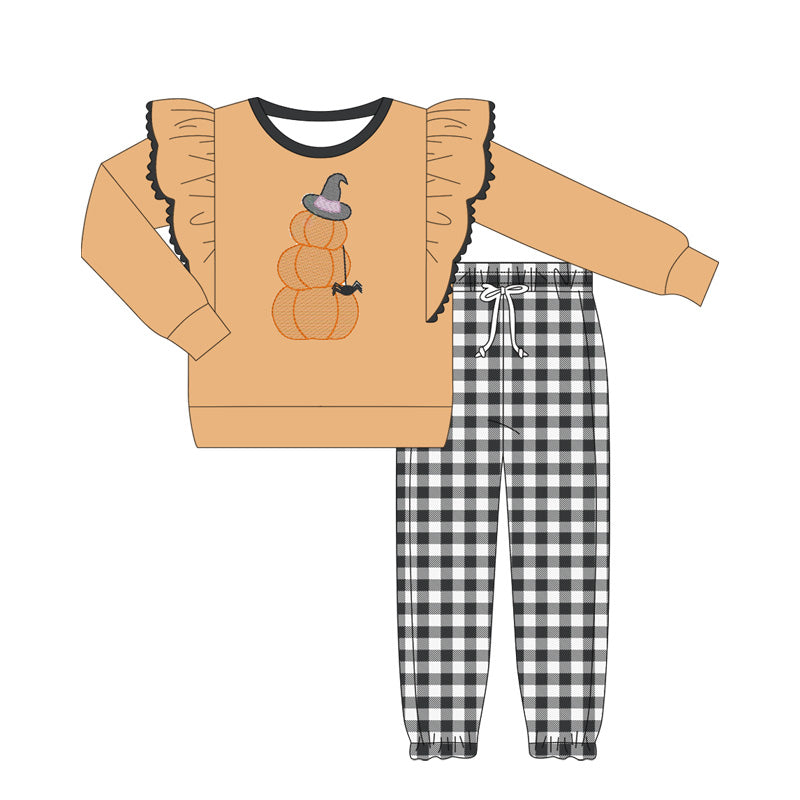 GLP2445 Baby Girls Orange Long Sleeves Hat Pumpkins Top Black Plaid Pant Set D 821