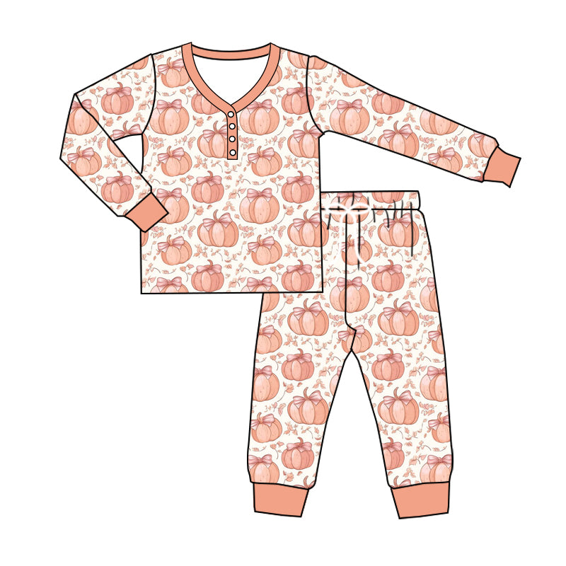 presale GLP2450 Adult Women Long Sleeves Bow Pumpkins Button Top Pant Pajamas Set D 6.7