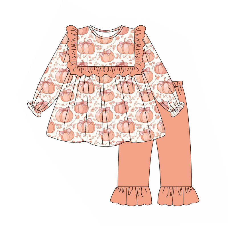 GLP2452 Baby Girls Long Sleeves Bow Pumpkins Plaid Tunic Ruffle Pant Set D 6.7