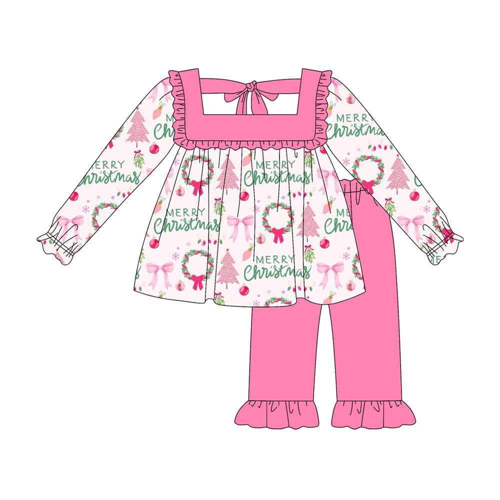 presale GLP2454 Baby Girls Long Sleeves Bow Christmas Trees Tunic Ruffle Pant Set D 6.7