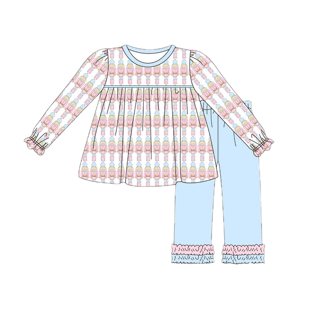 presale GLP2456 Baby Girls Long Sleeves Soldier Plaid Top Blue Ruffle Pant Set D 6.9