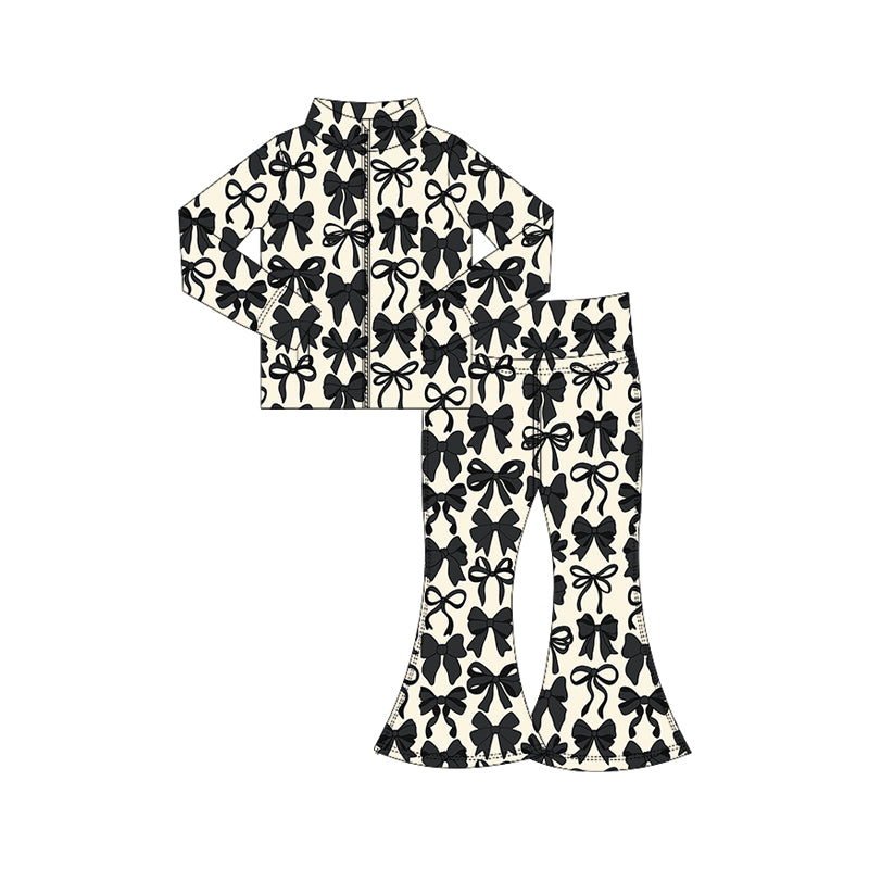 GLP2457 Baby Girls Black Bows Plaid Pockets Zipper Top Bell Bottom Pant Yoga Set D 926