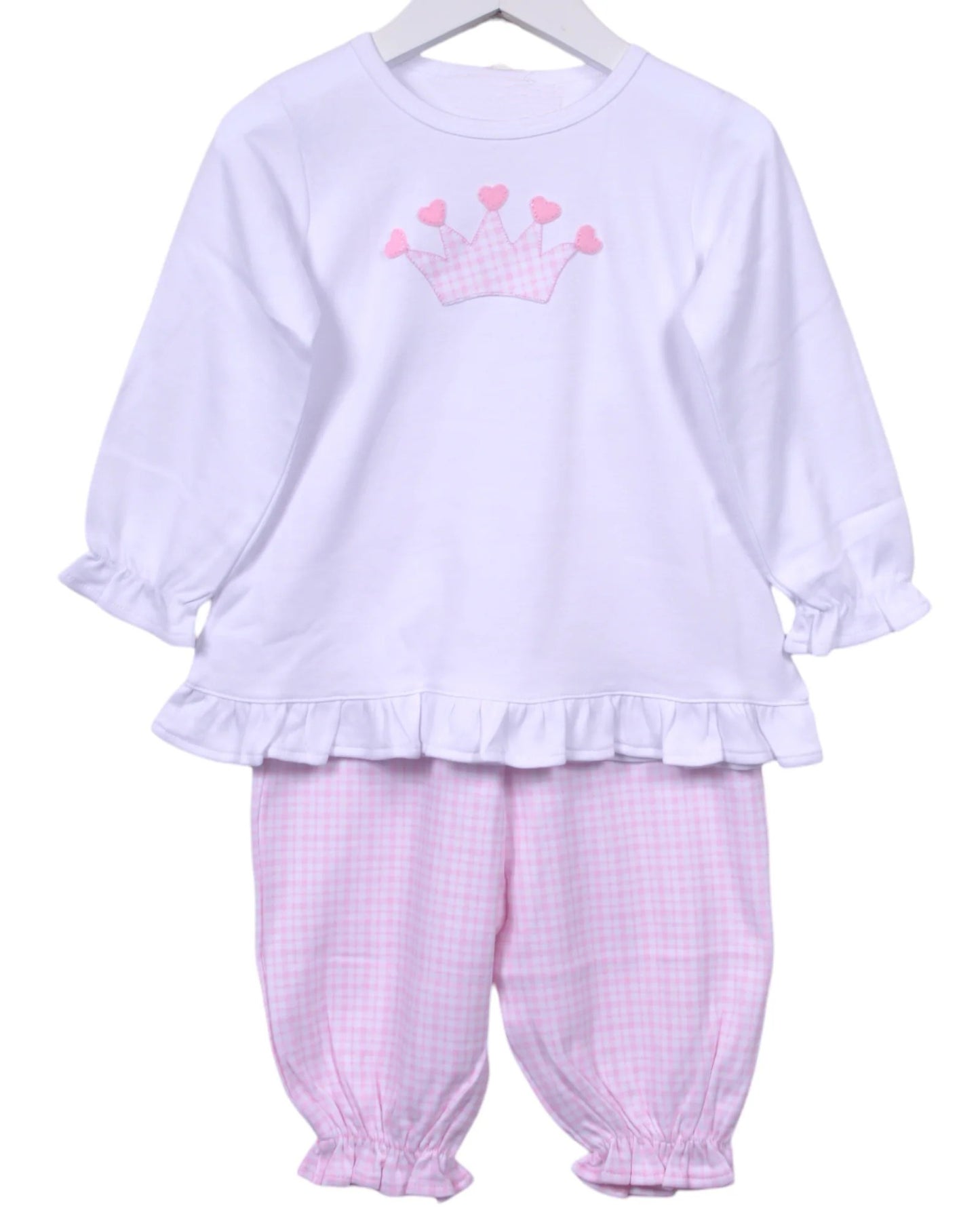 presale GLP2464 Baby Girls Long Ruffle Sleeves Hearts Crown Tunic Pink Plaid Pant Set D 6.10