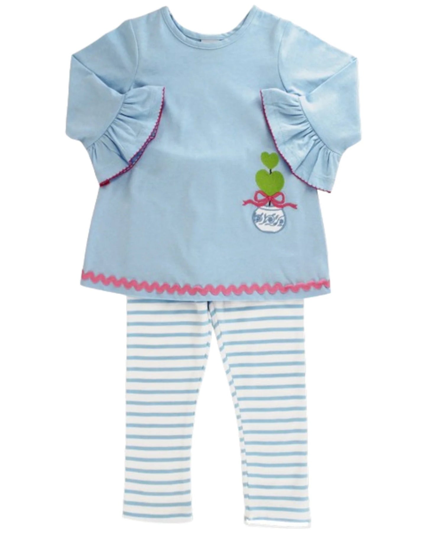 GLP2465 Embroidery Bows Plants Baby Girls Blue Tunic Stripe Legging Sets D 902