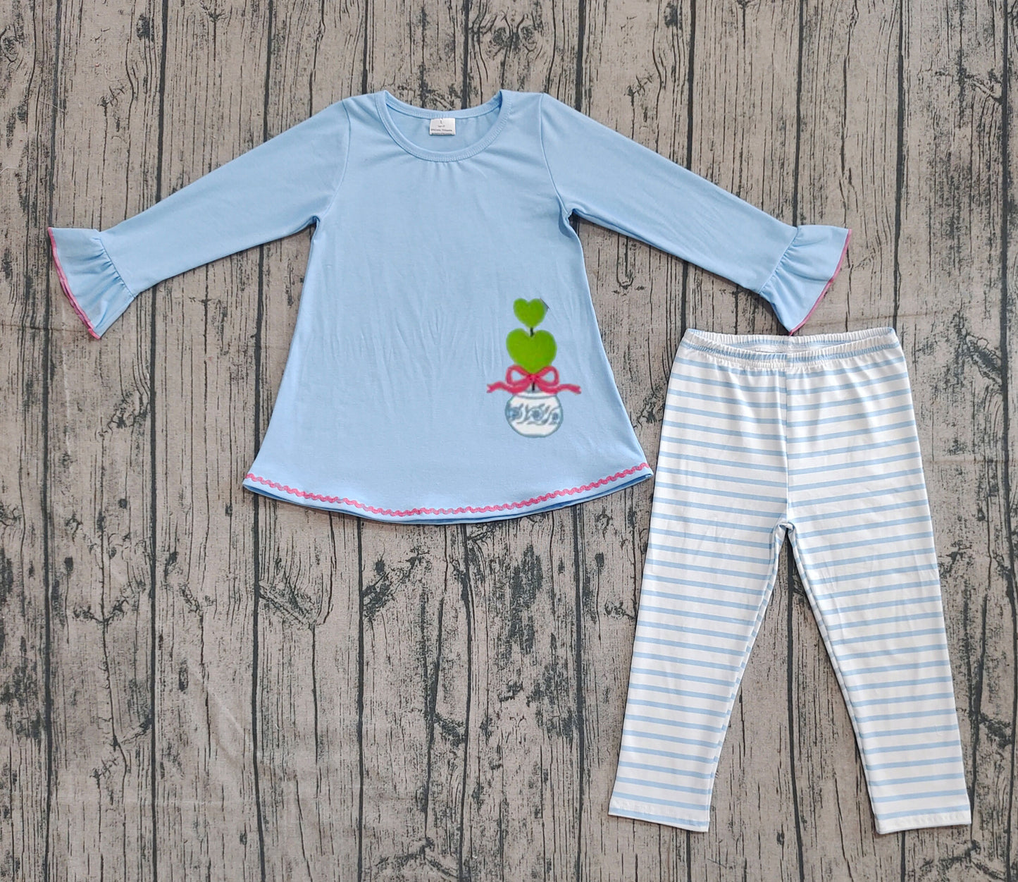 presale GLP2465 Baby Girls Blue Long Bell Sleeves Bows Plant Tunic Stripe Legging Pant Set D 902