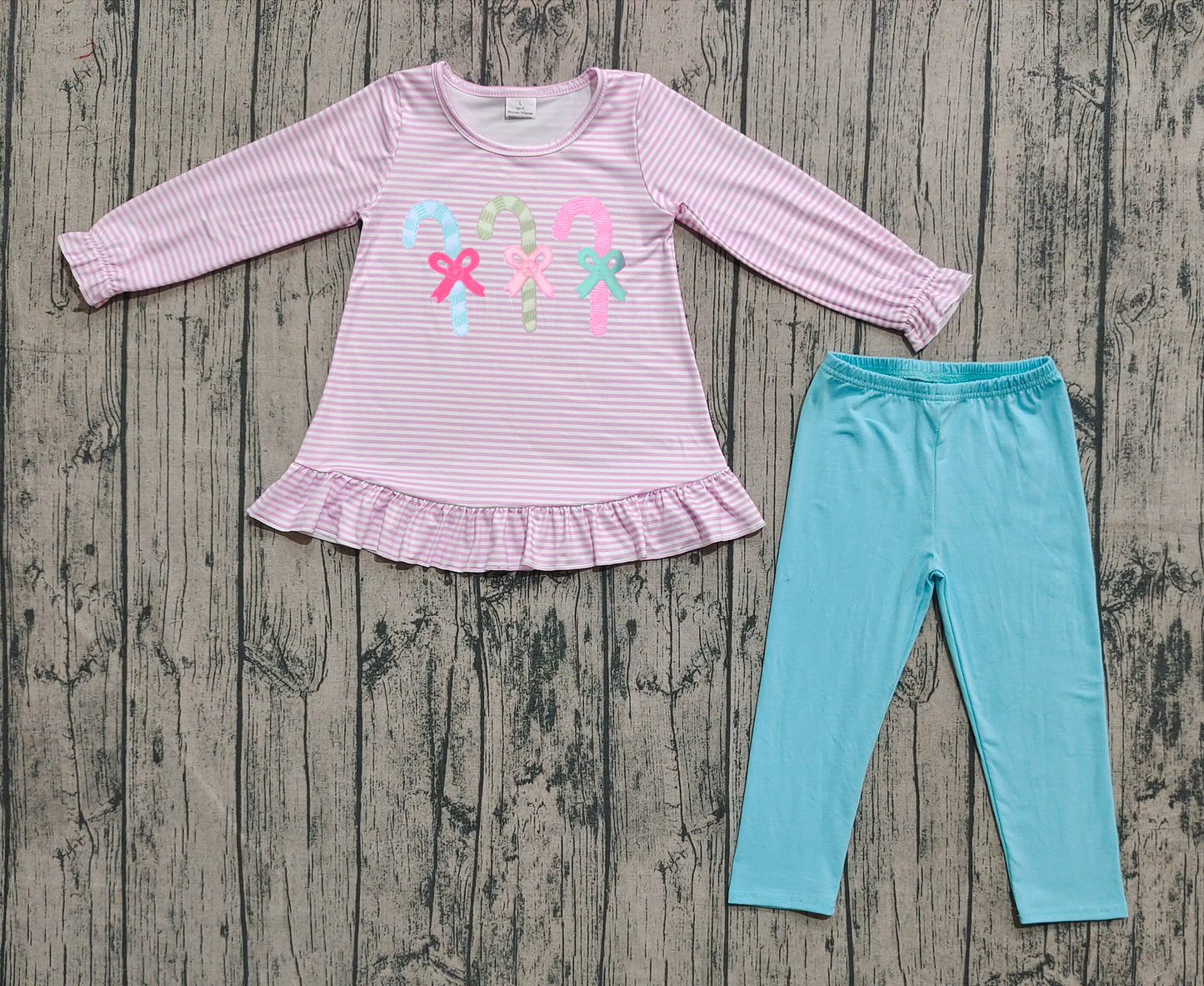 GLP2468 Baby Girls Pink Stripe Long Ruffle Sleeves Candy Cane Tunic Blue Legging Pant Set D 829
