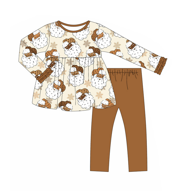 presale GLP2469 Baby Girls Long Ruffle Sleeves Khaki Santa Snowflake Tunic Legging Pant Set D 6.10
