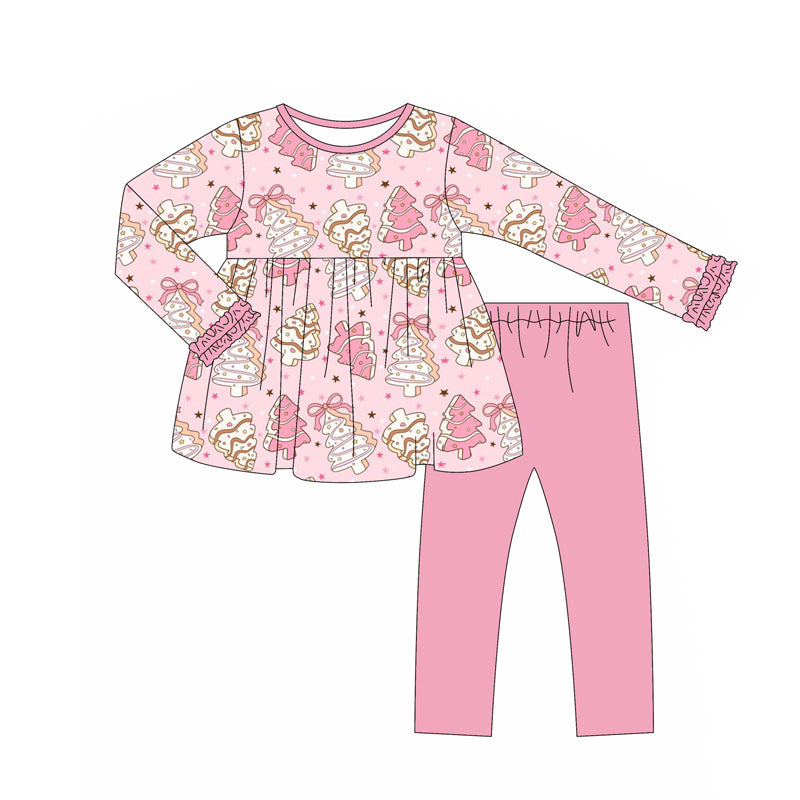 GLP2471 Baby Girls Long Ruffle Sleeves Pink Bows Christmas Trees Tunic Legging Pant Set D 8.14 02