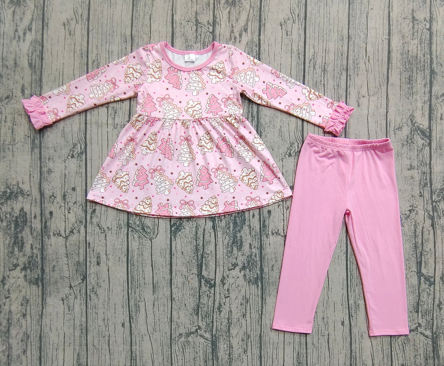 GLP2471 Baby Girls Long Ruffle Sleeves Pink Bows Christmas Trees Tunic Legging Pant Set D 908