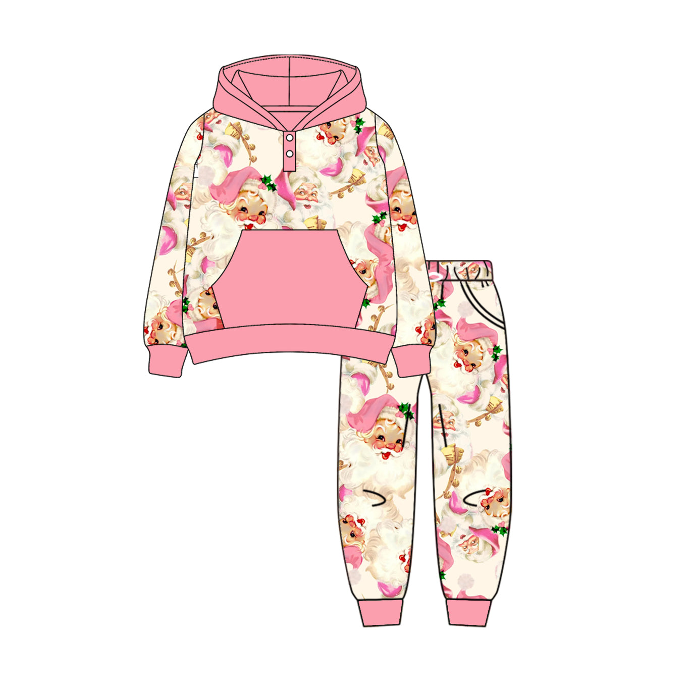 GLP2474 Baby Girls Pink Long Sleeves Santa Button Hoodies Pockets Pant Set D 7.12