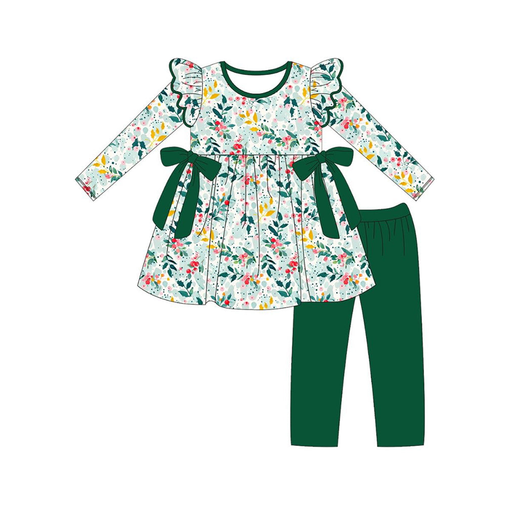 GLP2476 Baby Girls Long Sleeves Floral Bows Tunic Dark Green Legging Pant Set D 923