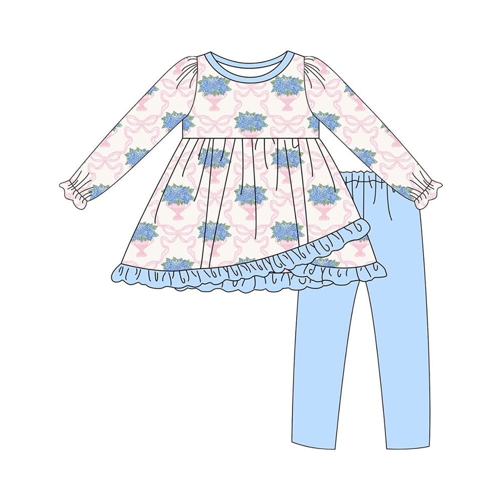presale GLP2477 Baby Girls Long Ruffle Sleeves Bows Floral Plaid Tunic Blue Legging Pant Set D 6.14
