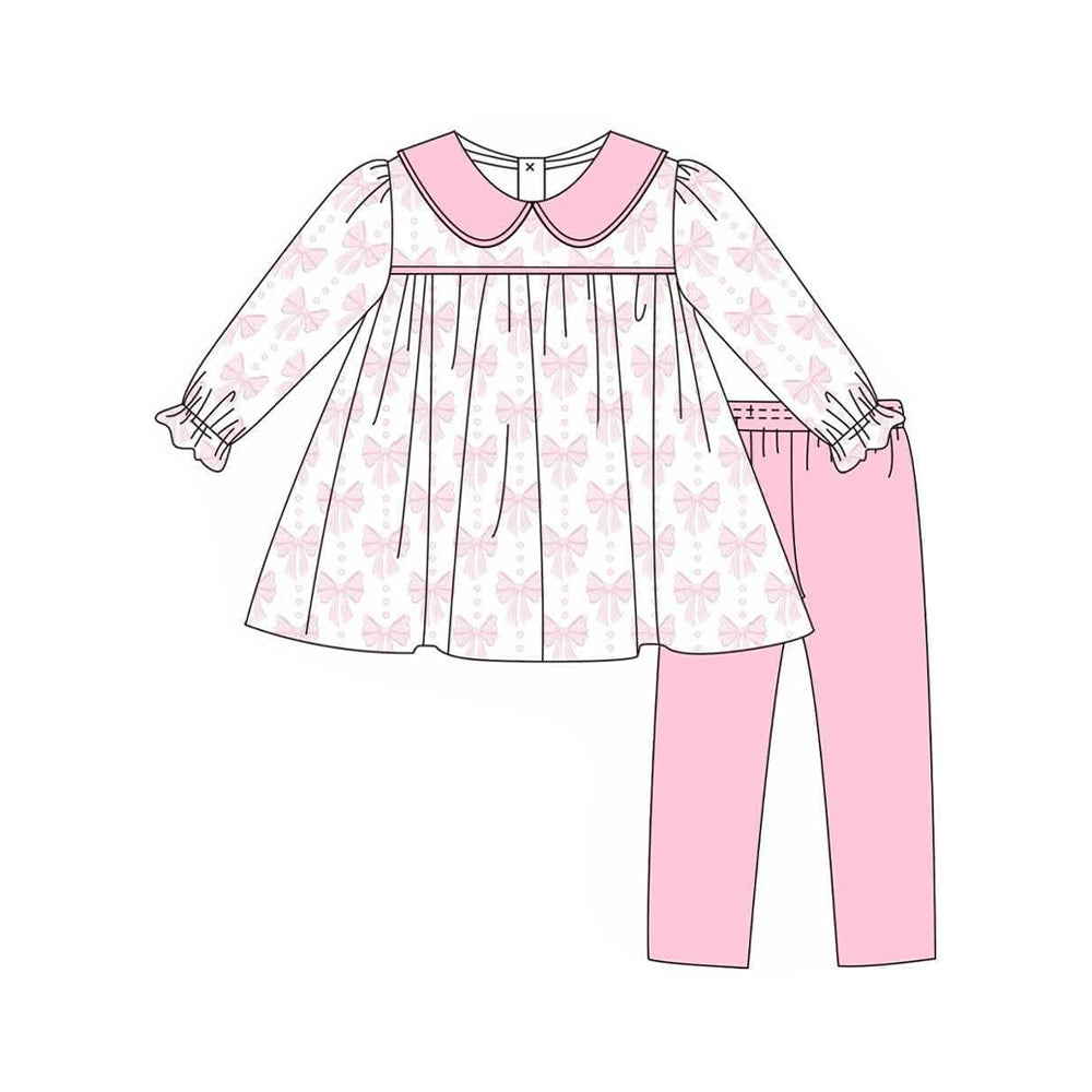 presale GLP2480 Baby Girls Long Ruffle Sleeves Bows Plaid Tunic Light Pink Legging Pant Set D 6.14