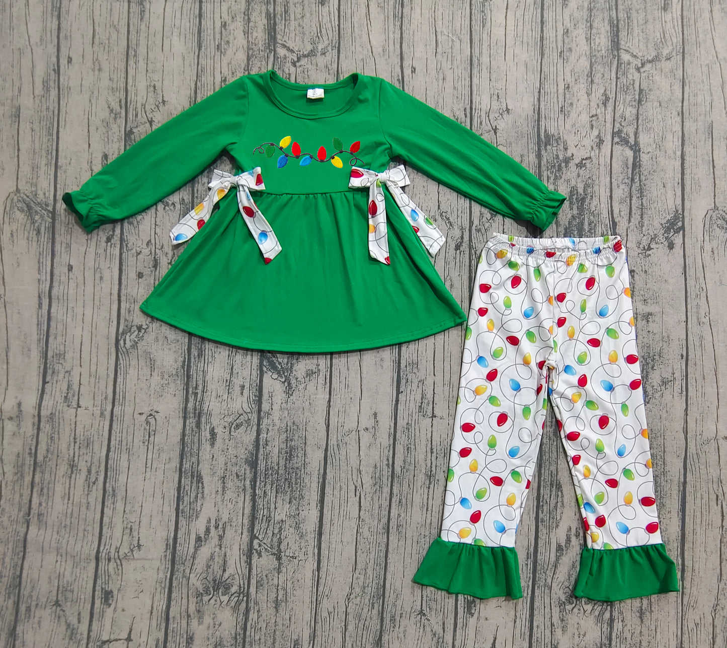 GLP2491 Baby Girls Dark Green Long Ruffle Sleeves Lights Bows Tunic Pant Set D 829
