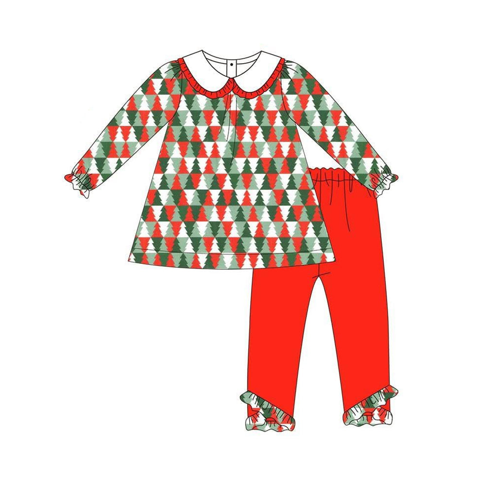 presale GLP2495 Baby Girls Red Green Long Ruffle Sleeves Trees Plaid Tunic Legging Pant Set D 6.14