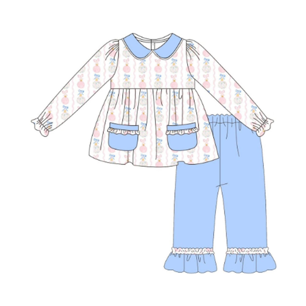 presale GLP2496 Baby Girls Long Ruffle Sleeves Flower Pumpkins Stripes Pockets Tunic Blue Pant Set D 6.14