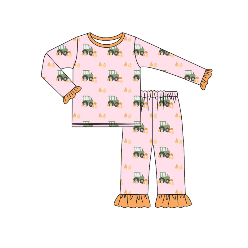 GLP2506 Baby Girls Pink Long Ruffle Sleeves Pumpkins Trucks Top Pant Pajamas Set D 7.14