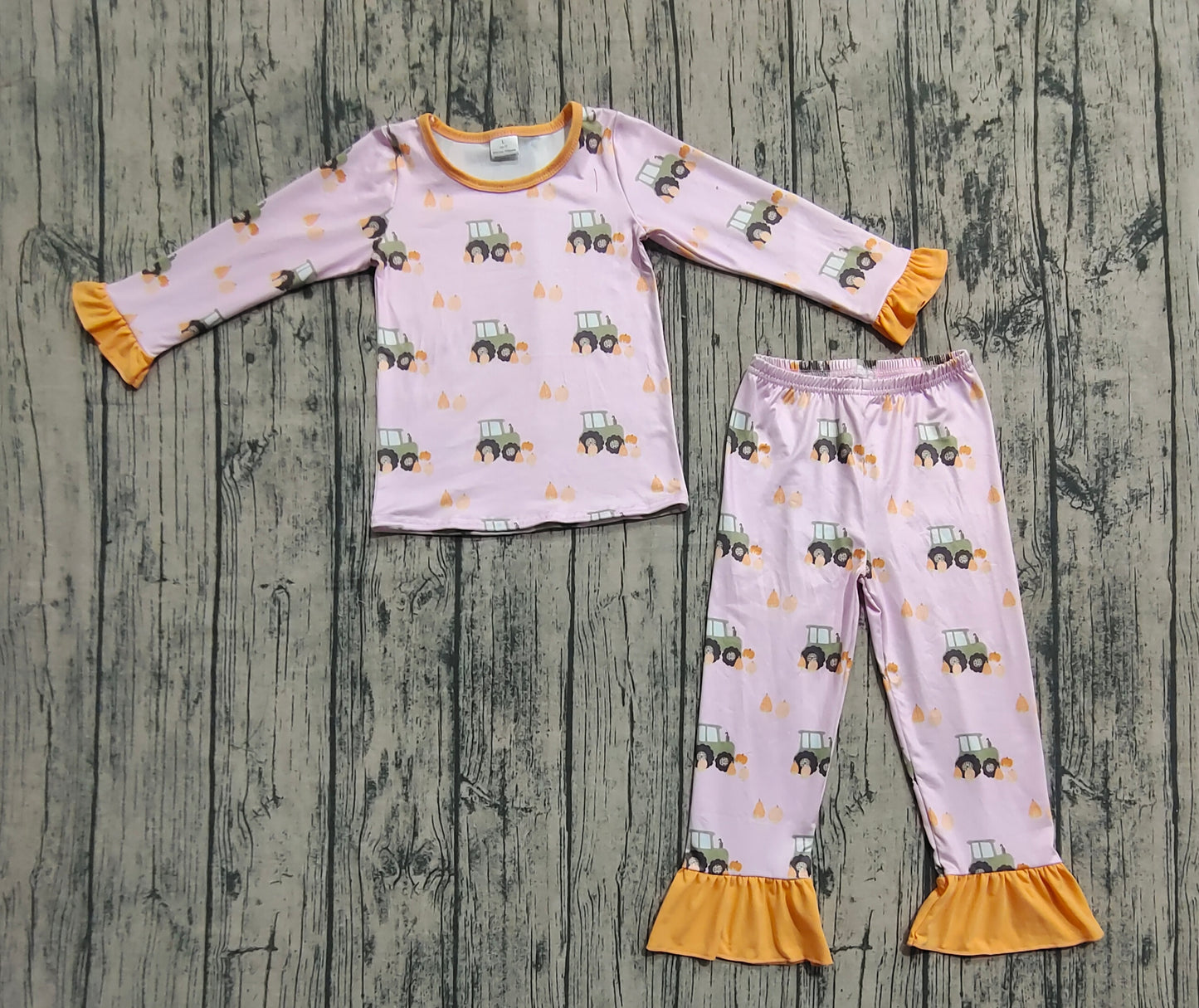 GLP2506 Baby Girls Pink Long Ruffle Sleeves Pumpkins Trucks Top Pant Pajamas Set D 7.14