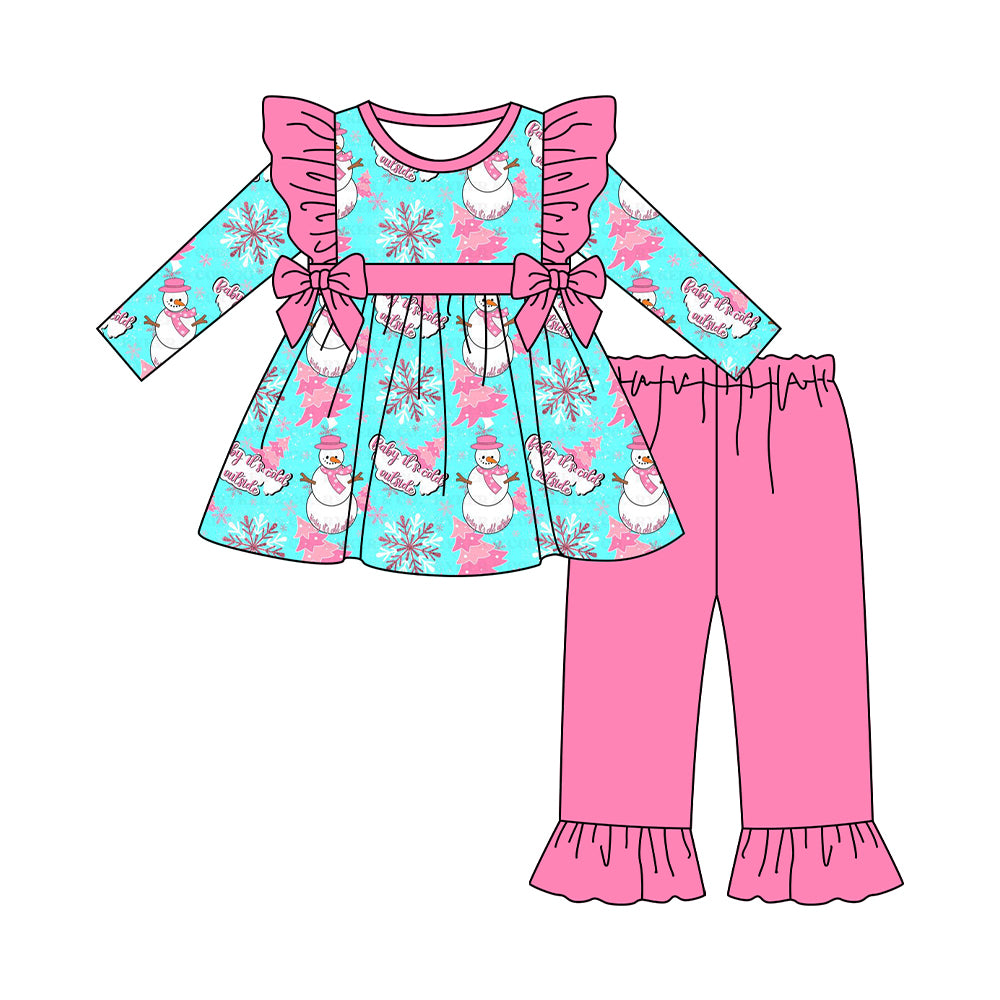 presale GLP2510 Baby Girls Long Sleeves Snowman Trees Bows Tunic Hot Pink Ruffle Pants Set D 6.17