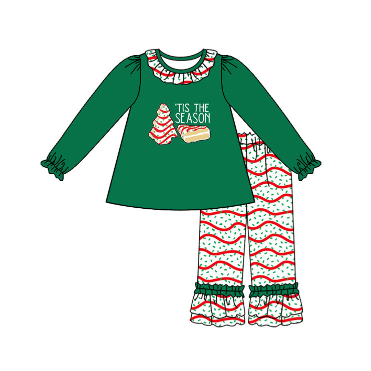 GLP2518 Baby Girls Green Long Ruffle Sleeves Red Stripe Trees Tunic Pant Set D 927