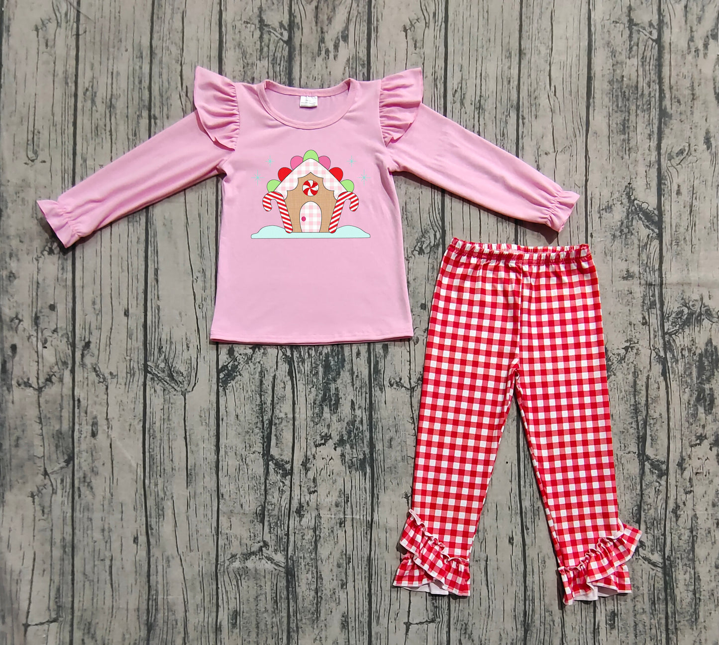 GLP2523 Baby Girls Pink Long Ruffle Sleeves Candy Cane Top Red Plaid Pockets Pant Set D 901