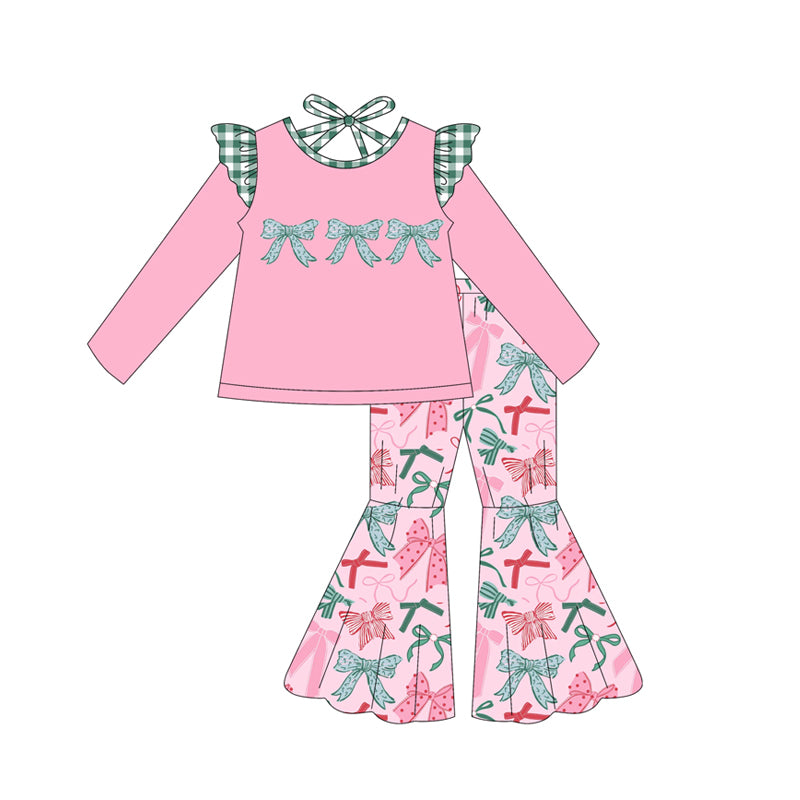 presale GLP2531 Baby Girls Pink Long Sleeves Floral Bows Tunic Bell Bottom Pant Set D 6.25