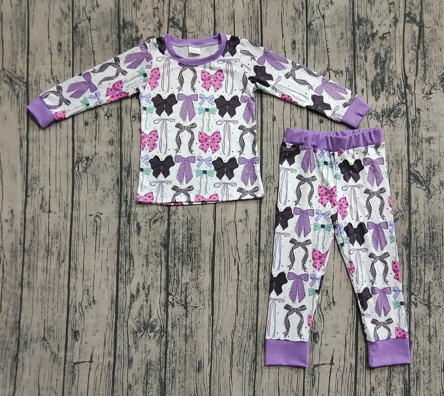 GLP2533 Baby Girls Long Sleeves Colorful Bows Top Pant Pajamas Set D 7.4