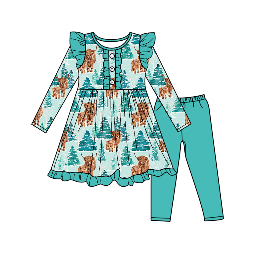 presale GLP2537 Baby Girls Long Sleeves Highland Cows Trees Button Tunic Legging Pant Set D 6.26