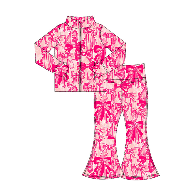 presale GLP2538 Baby Girls Pink Bows Plaid Zipper Pockets Top Bell Bottom Pant Yoga Set D 7.1