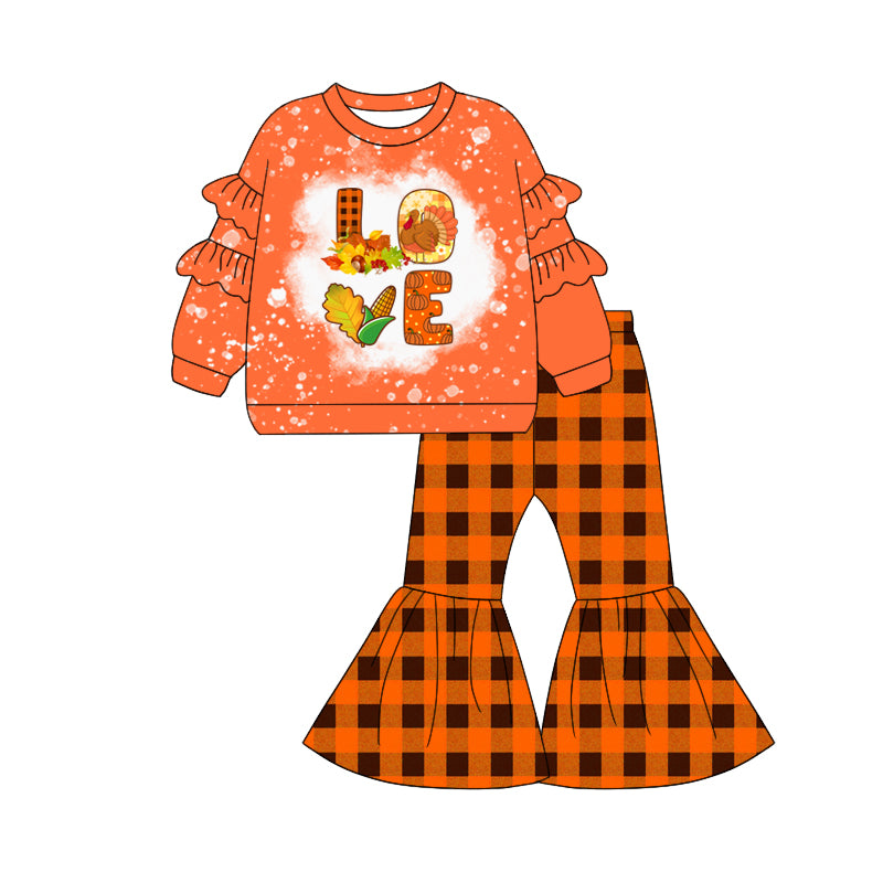 presale GLP2550 Baby Girls Long Sleeves Turkey LOVE Tunic Plaid Bell Bottom Pant Set D 7.1