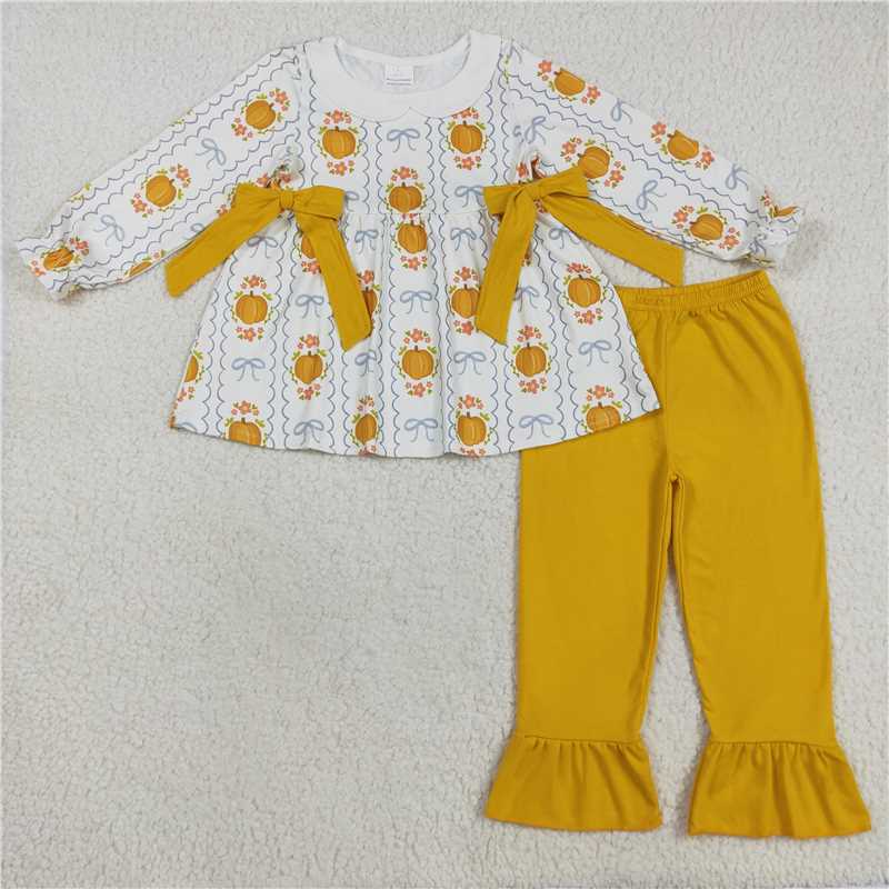 Sibling Baby Girls Yellow Pumpkins Bows Plaid Tunic Ruffle Pant Fall Set Romper Dress D 901