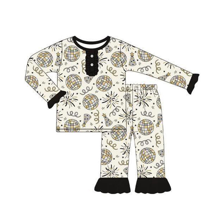 GLP2563 Baby Girls Long Ruffle Sleeves Birthday's Hats Button Top Pant Pajamas Set D 925