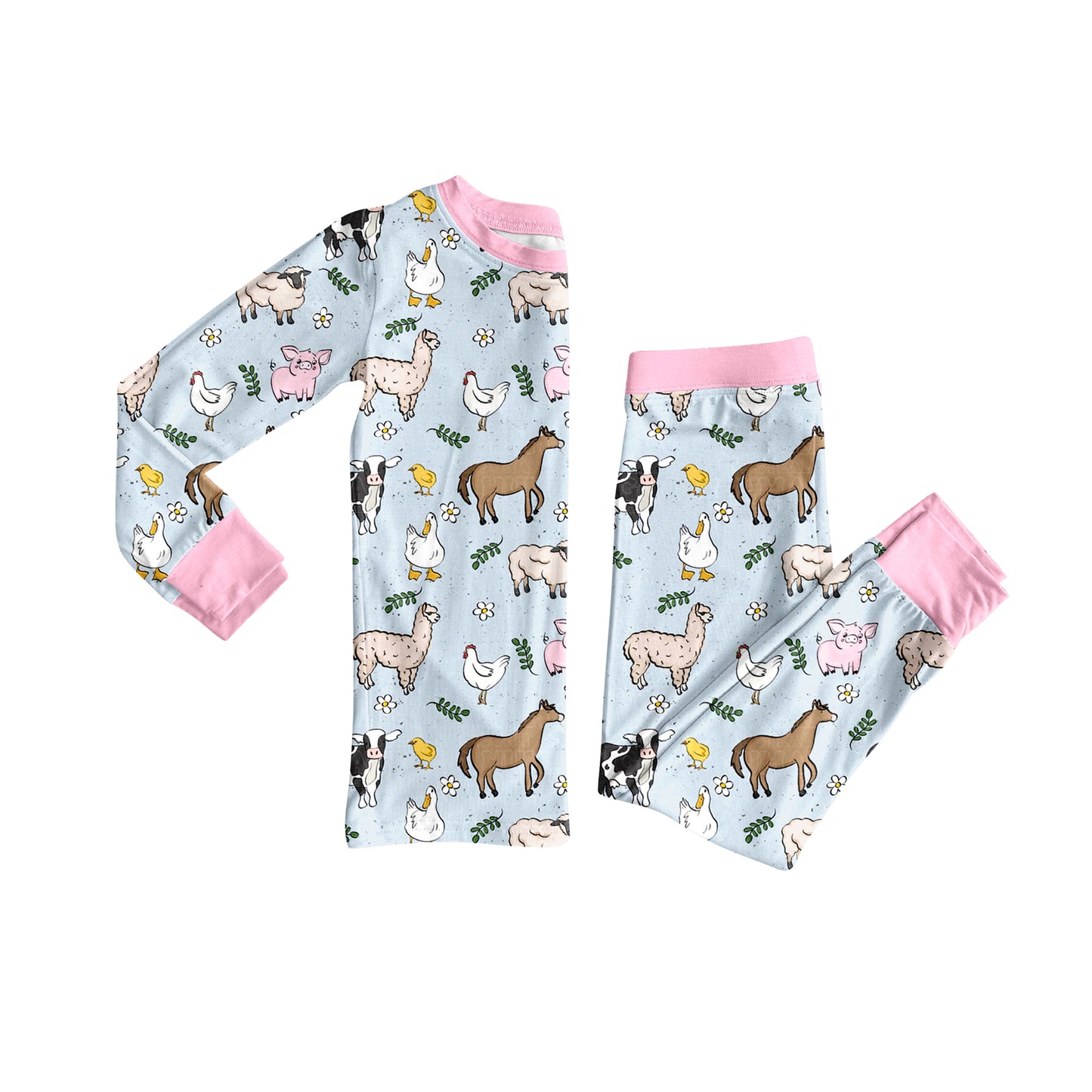 GLP2564 Baby Girls Long Sleeves Horses Chicks Top Pant Farm Pajamas Set D 918