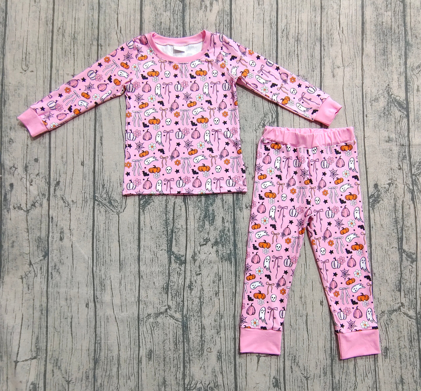 GLP2567 Baby Girls Long Sleeves Pink Ghost Pumpkins Top Pant Pajamas Set D 7.16