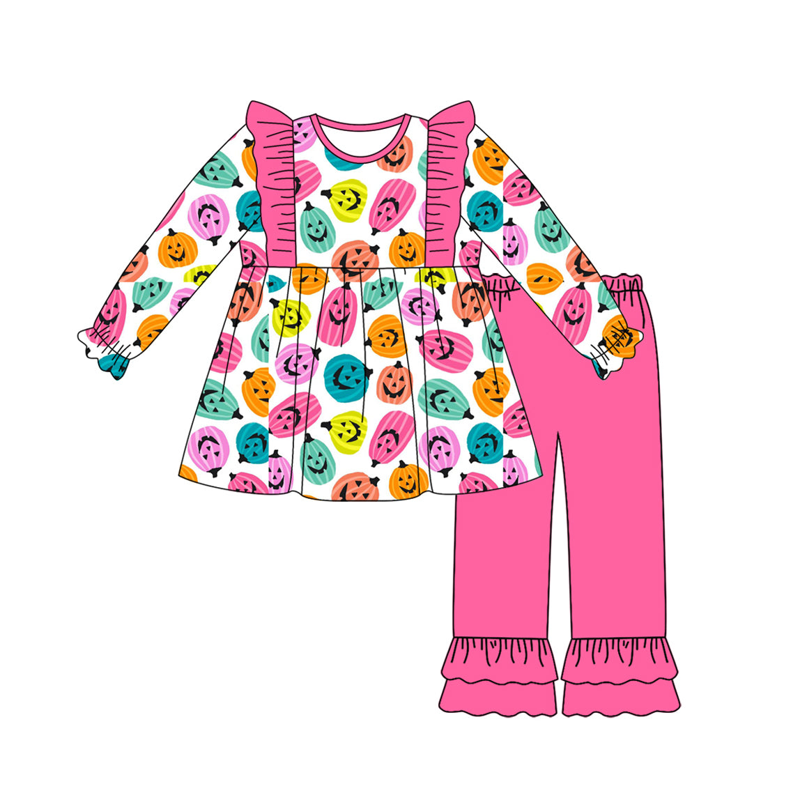 GLP2569 Baby Girls Long Sleeves Colorful Ghost Pumpkins Top Ruffle Pants Set D 908