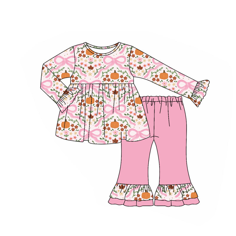 presale GLP2577 Baby Girls Long Ruffle Sleeves Bows Floral Pumpkins Plaid Tunic Flare Pant Set D 7.8
