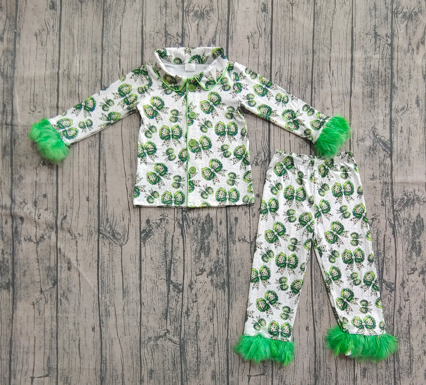 GLP2582 Baby Girls Fur Long Sleeves Polka Dots Bows Button Top Pant Pajamas Set D 7.8