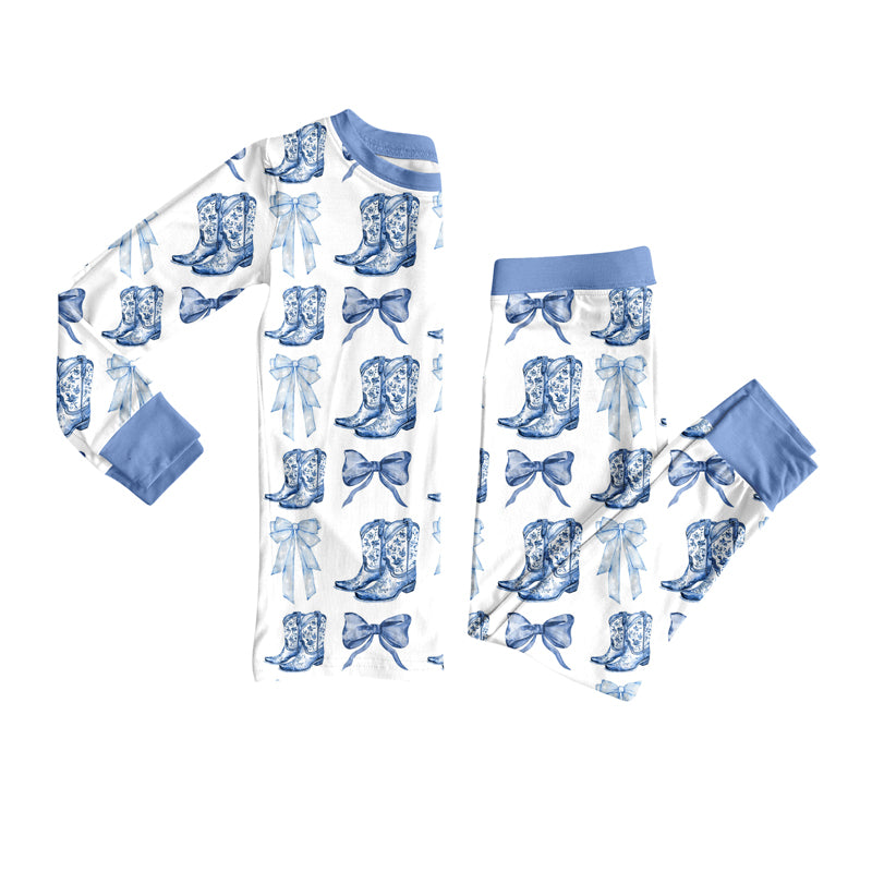 GLP2583 Baby Girls Long Sleeves Bows Boots Plaid Top Pant Pajamas Set D 918