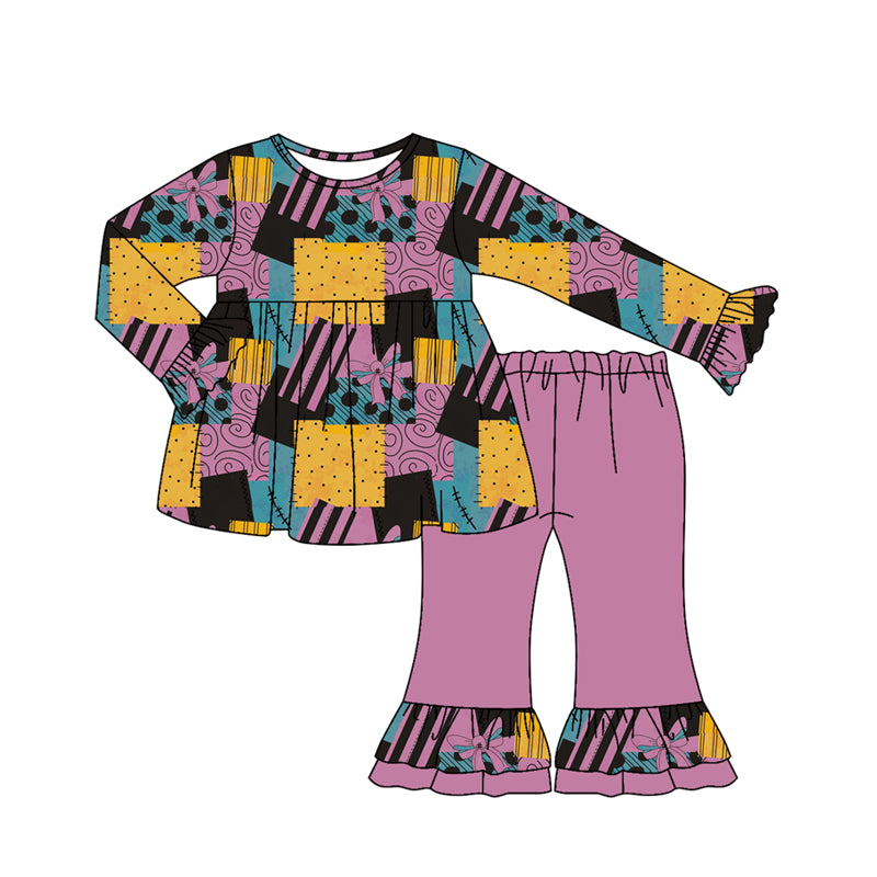 presale GLP2586 Baby Girls Long Ruffle Sleeves Purple Bows Plaid Tunic Flare Pant Set D 7.11