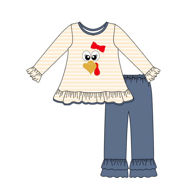 GLP2588 Embroidery Baby Girls Thanksgiving Turkey Tunic Ruffle Pants Sets D 925