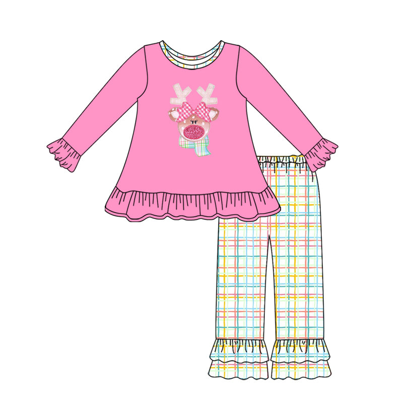 presale GLP2589 Baby Girls Long Ruffle Sleeves Christmas Deer Tunic Plaid Pants Set D 7.11