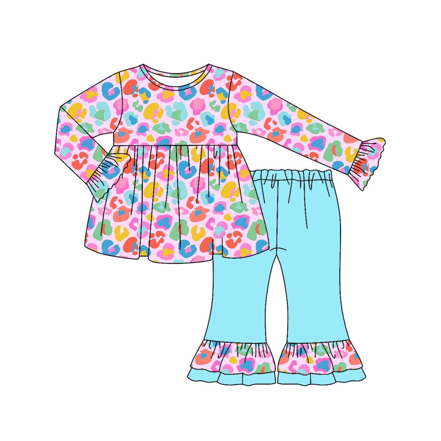 presale GLP2592 Baby Girls Long Ruffle Sleeves Colorful Leopard Tunic Flare Pant Set D 7.14