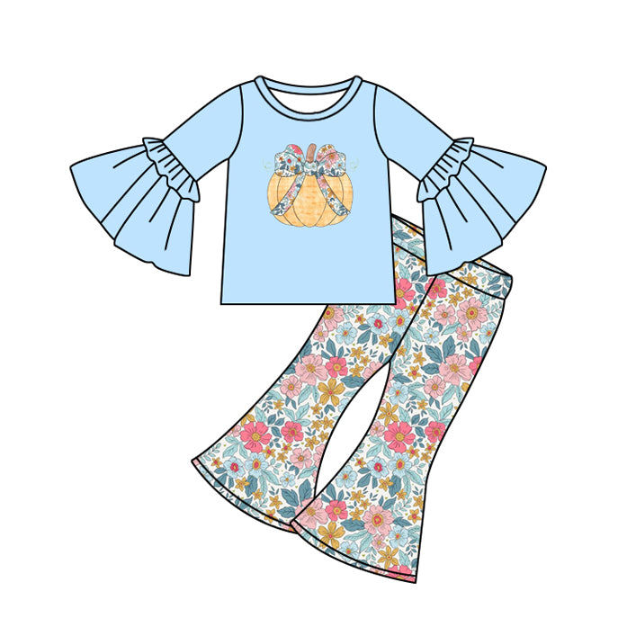 presale GLP2596 Baby Girls Long Sleeves Floral Pumpkins Top Bell Bottom Pant Set D 822