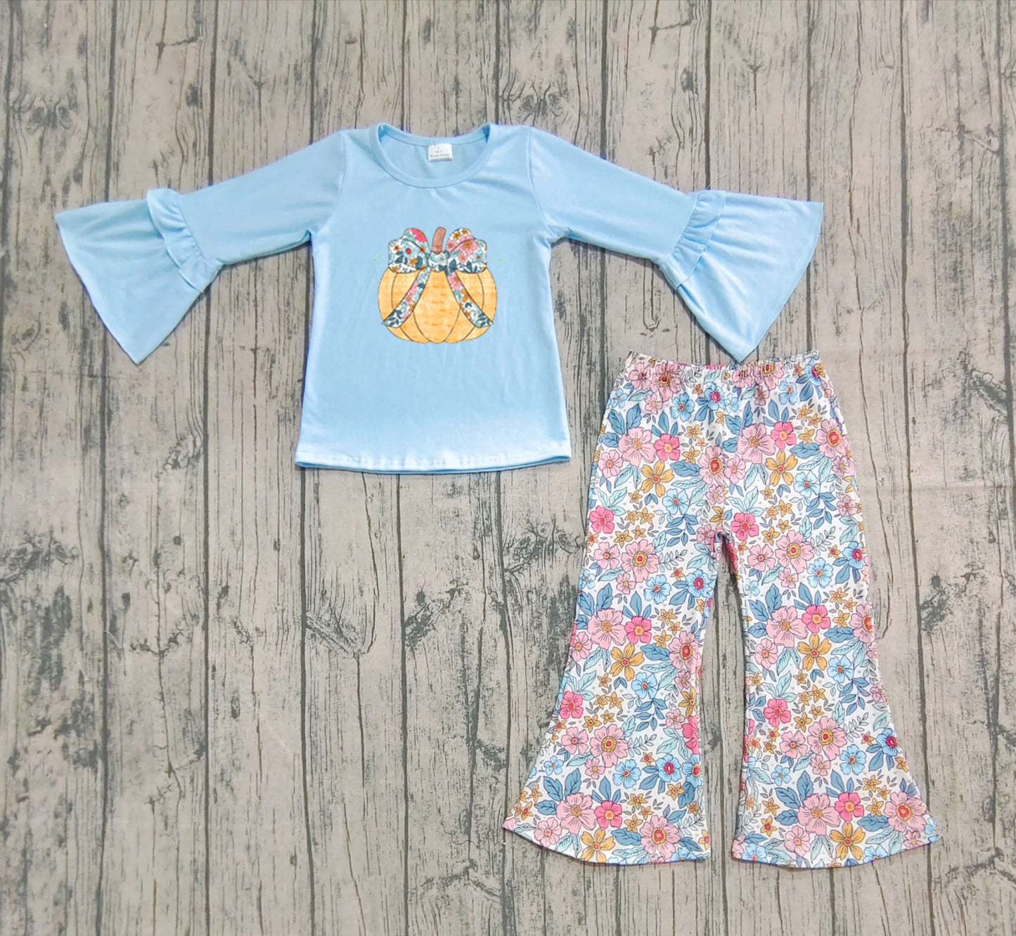 presale GLP2596 Baby Girls Long Sleeves Floral Pumpkins Top Bell Bottom Pant Set D 822