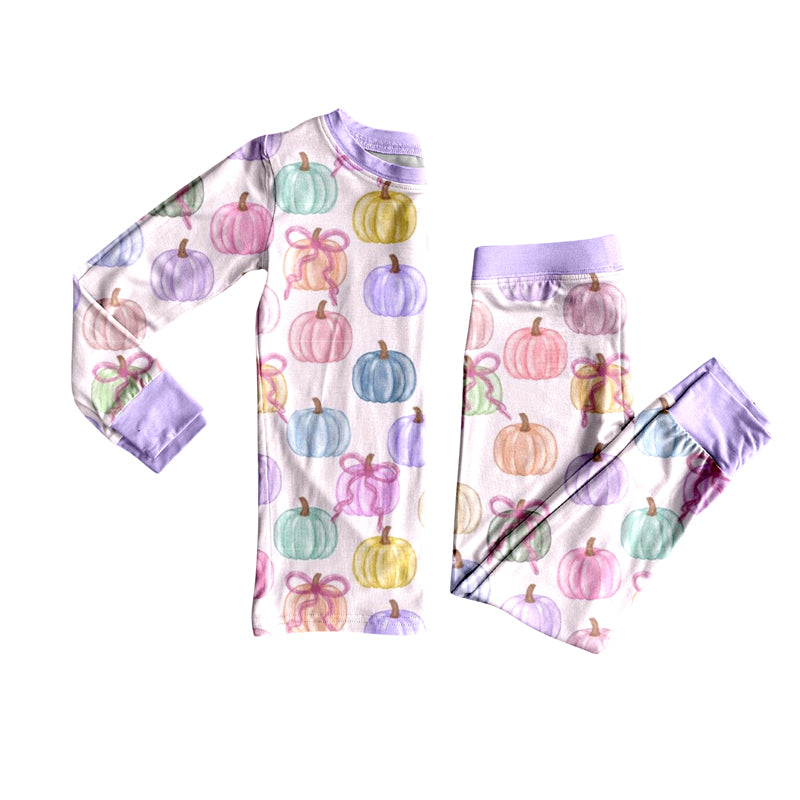 GLP2597 Baby Girls Long Sleeves Colorful Bows Pumpkins Top Pant Pajamas Set D 7.15