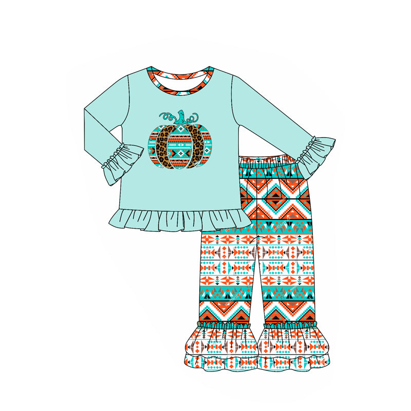 presale GLP2604 Baby Girls Light Blue Long Ruffle Sleeves Leopard Pumpkins Tunic Pant Set D 7.16