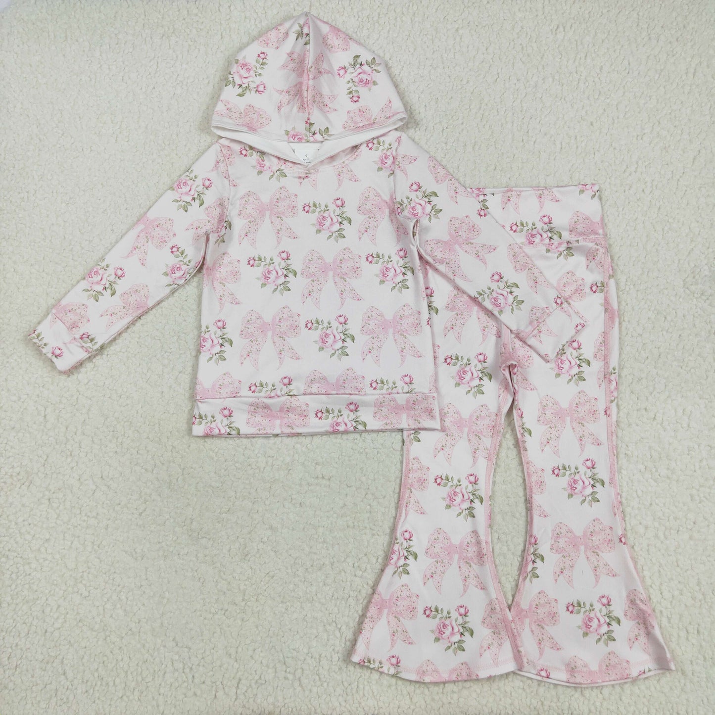 GLP2614 Baby Girls Pink Bows Floral Hooded Top Bell Pants Clothes Sets D 7.14