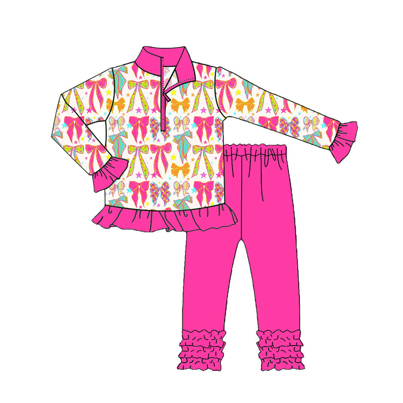 GLP2616 Baby Girls Long Ruffle Sleeves Pink Bows Stars Zipper Top Legging Pants Set D 822