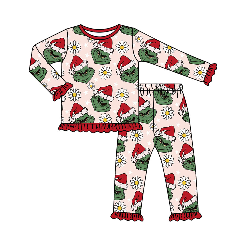 GLP2635 Baby Girls Christmas Hat Green Face Flowers Top Ruffle Pants Pajamas Set D 829